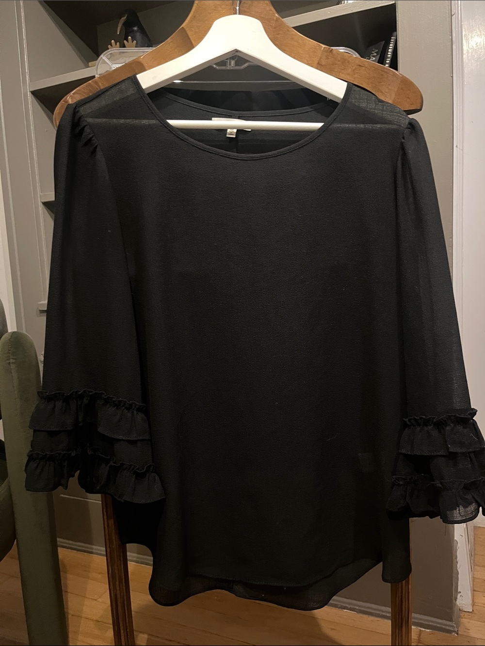 Max Studio Black Sheer Ruffle-Sleeve Long-Sleeve Top